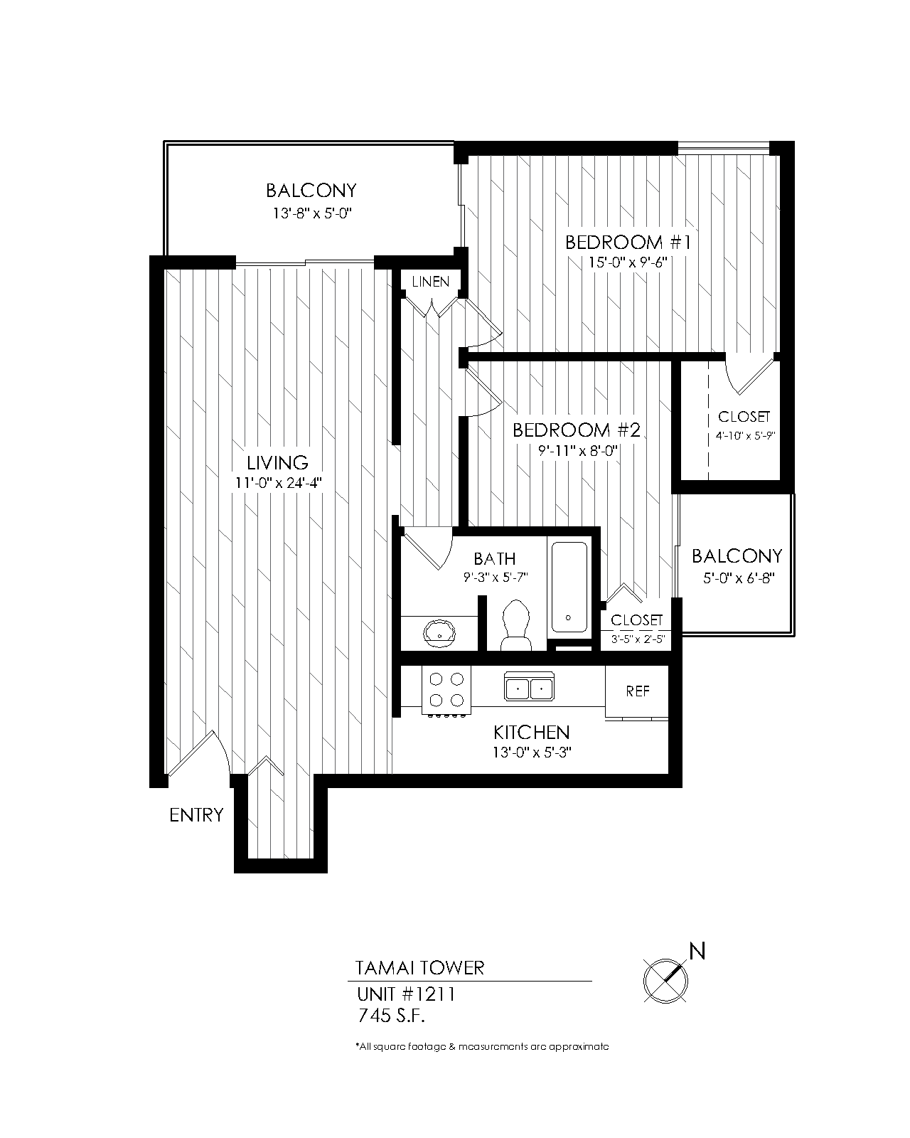 Floor plan for 2 beds, 1 bath, 745 sqft